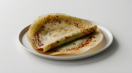 A single lightly browned crepe, folded in half, rests on a simple white plate. The crepe shows slightly crispy edges and a light golden hue. It looks delicious and freshly made.