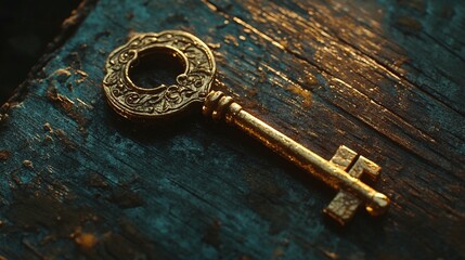 Antique gold key on weathered wooden surface.  Detailed ornate key lies on a rustic, dark-toned wooden plank
