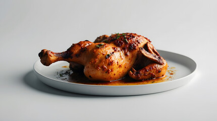 A delicious roasted chicken, glistening with savory sauce, rests on a minimalist white plate.  The chicken is beautifully browned and seasoned, making it an appetizing centerpiece.