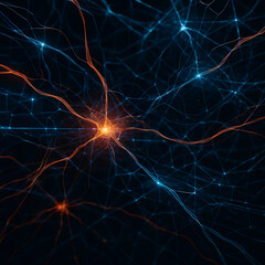 A complex web of glowing electronic neural networks, suspended in a dark void, connected by pulses of energy and digital synapses, abstract and immersive, no branding, no humans.