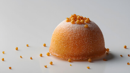 A single, dome-shaped dessert sits on a white background. It's coated in a fine sugar and topped with small, orange-colored spheres.  A few of these spheres are scattered around the dessert.