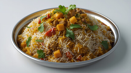 A large portion of delicious Chicken Biryani is served in a metallic platter.  The dish is garnished with fresh cilantro and features chunks of chicken and vegetables.