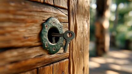 Antique wooden door with keyhole and key, detailed close-up. Lush greenery in background