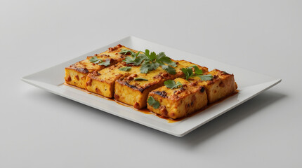 Six pieces of tandoori paneer, a delicious Indian dish, are arranged on a white rectangular plate.  Garnished with fresh cilantro, they are ready to serve.
