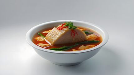 A steaming bowl of delicious fish stew, featuring tender fish chunks in a rich, reddish broth.  Garnished with fresh herbs and chili peppers, it's a culinary delight.