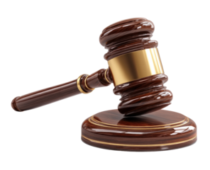 A wooden gavel with a gold band sits on a wooden base