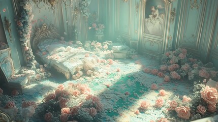 Opulent floral bedroom: a scene of beauty and floral chaos in a luxurious setting
