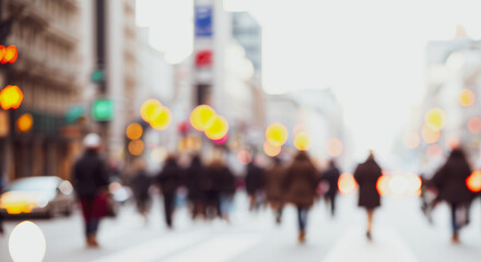 Fototapeta premium Blurred city street scene with pedestrians traffic lights and buildings in daytime.Premium urban photos for poster, banner and pamphlet backgrounds