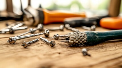 Assorted construction tools and screws on a wooden surface