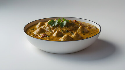 A bowl of delicious Indian butter chicken, garnished with fresh cilantro. The creamy, rich sauce is studded with tender chicken pieces. A perfect dish for a flavorful meal.