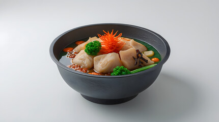 A delectable bowl of scallop soup, garnished with vibrant carrots, broccoli, and a rich broth.