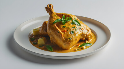 A roasted chicken, generously coated in a creamy yellow sauce, sits on a white plate.  Garnished with fresh herbs and potato pieces, it's a delectable dish.