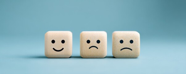 Emotion representation through simple wooden cubes showcasing happy and sad facial expressions on a blue background