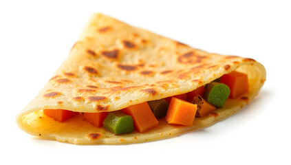 A delicious crepe filled with diced carrots and green beans.  The crepe is golden brown and slightly crispy. A perfect light meal or snack.