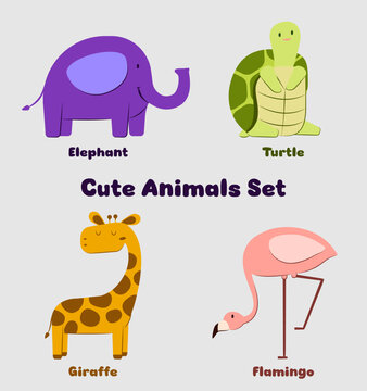 Cute Animals Set of Four Elephant, Turtle, Giraffe, Flamingo