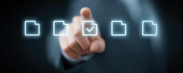 Business Professional Selecting Digital Files with Glowing Icons on Dark Background in Modern Office Setting