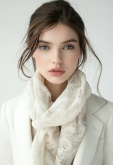 A woman with long brown hair wearing a white blazer and a white lace scarf, standing in front of a white background.
