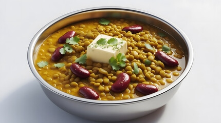 A bowl of delicious Indian Chole Masala, featuring chickpeas, kidney beans, a pat of butter, and fresh cilantro. The vibrant colors and textures make it an appetizing dish.