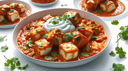 A delicious bowl of Indian butter paneer, featuring creamy tomato sauce, soft paneer cheese cubes, and fresh cilantro garnish.  Served with a dollop of yogurt.