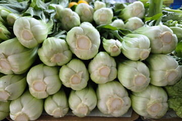 Close-up view of fresh bok choy neatly arranged at a vegetable stall in a traditional Asian farmer's market.