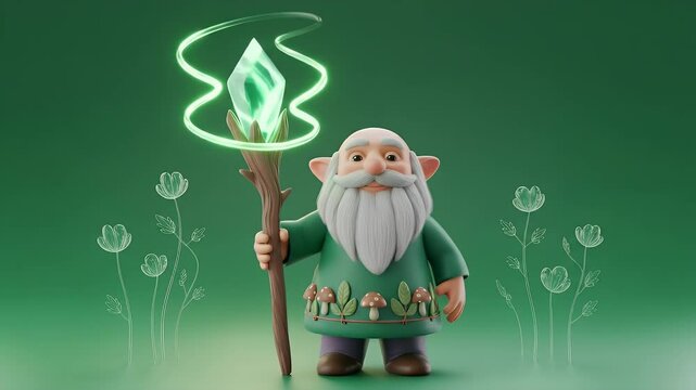 Isolated 3D Dwarf Mage With Green Staff Against Green Background for Visual Effects and Gaming Asset Rendering
