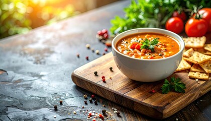 Hearty tomato soup with fresh herbs served on a rustic wooden board backdrop