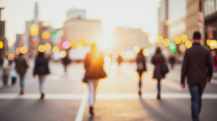 Obraz premium Blurred people walking on city street during daytime with sunlight and buildings.Premium urban photos for poster, banner and pamphlet backgrounds