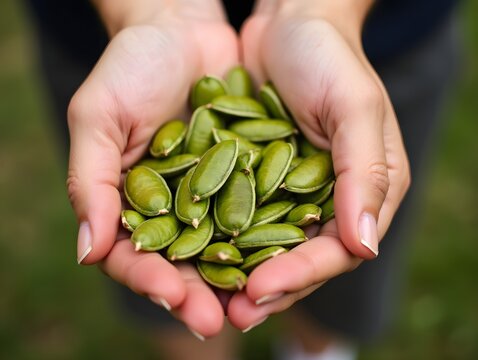 A hand cradles a vibrant pile of green pumpkin seeds ready to be enjoyed.