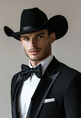 A man in a black tuxedo and cowboy hat, with a black bow tie, standing against a neutral background.