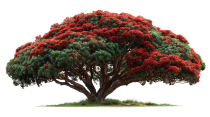 A large tree with red leaves and green leaves