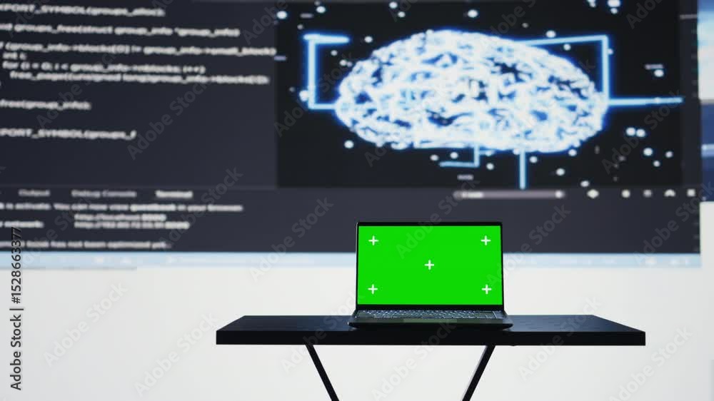 Poster surrounded by digital data and ai brain systems, laptop showcases isolated mockup on a screen. autom