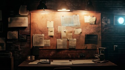 Dark room with wooden desk, corkboard filled with papers, and lamps.