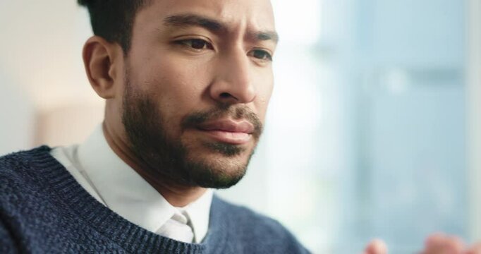 Thinking, project and business man in office for research, online website and finance review. Professional, corporate and person with ideas on tech for planning, financial report and budget proposal