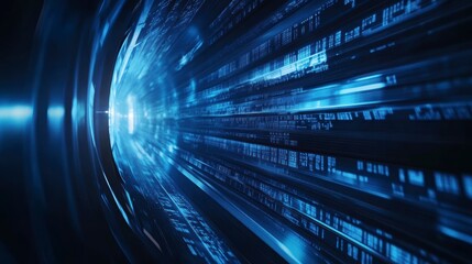 Abstract blue digital data stream flowing through a tunnel, representing fast speed, technology, and innovation.