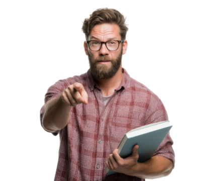 A man with glasses is pointing at a book