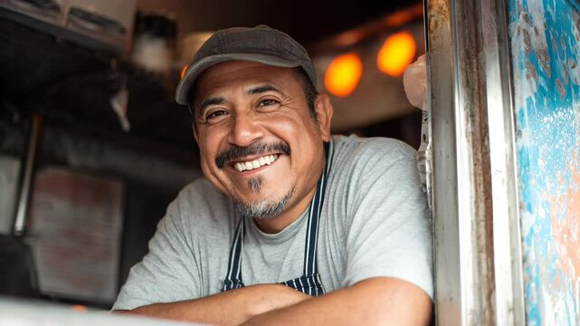Man smiling inside a food truck