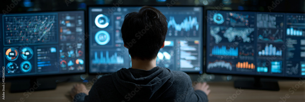 Poster person viewing three computer monitors displaying data visualizations and charts from behind in a da