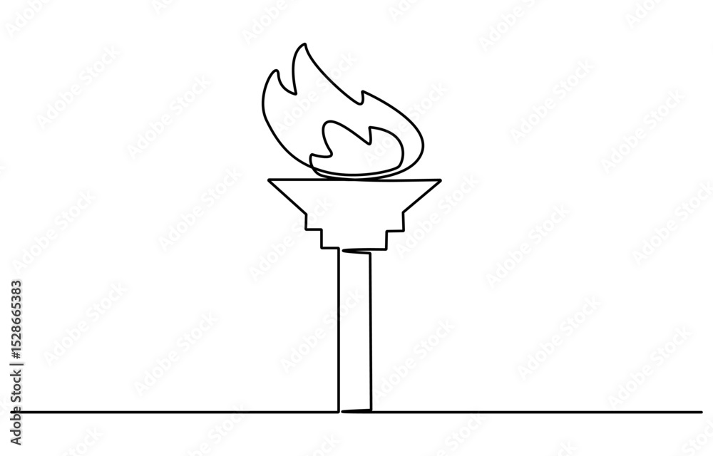 Poster Torch with flame, one line continuous. Torch and fire line art view. Hand drawn vector art.