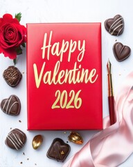 Minimalist Happy Valentine 2026 Red Greeting Card with Chocolates