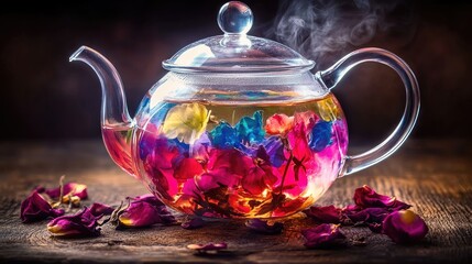 Vibrant floral tea in a glass teapot.