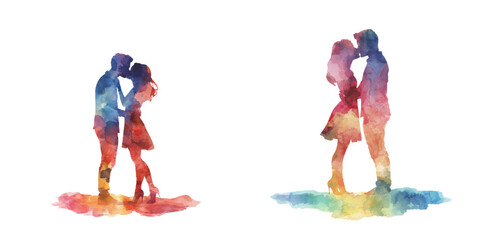 abstract color silhouette of couple kissing watercolor vector illustration