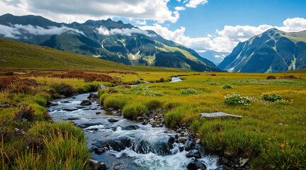 A stream in a flowery mountain valley. AI generation.
