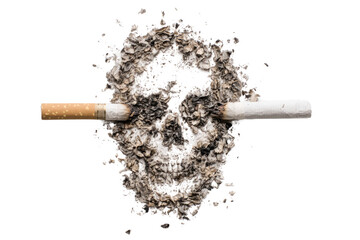 A skull is surrounded by cigarette ash and smoke, with a cigarette in each ear