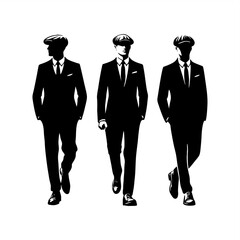 silhouette vector of 3 mans wearing suit flat cap walking	

