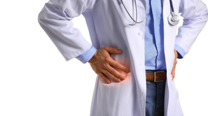 A doctor is wearing a white coat and standing with his hands on his hips