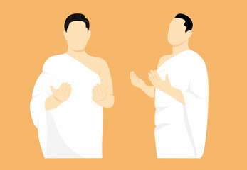 Fototapeta premium People wearing ihram praying. Flat vector illustration of hajj.
