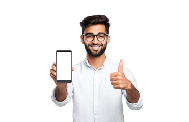 A man is holding a cell phone and giving it a thumbs up