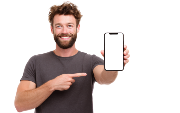 A man is holding a phone and pointing to it