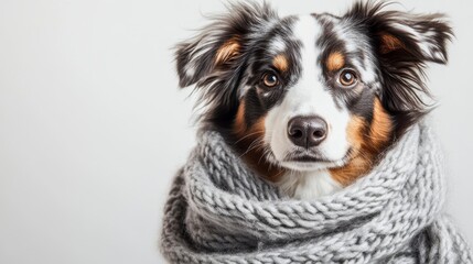 Fototapeta premium Adorable dog wrapped in a cozy grey knitted scarf against a light grey background.