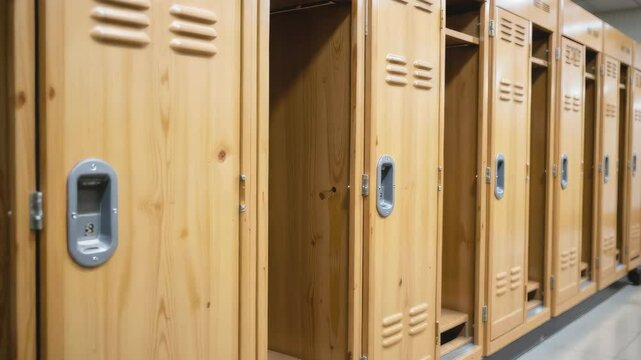 Row of wooden lockers in a hallway setting.